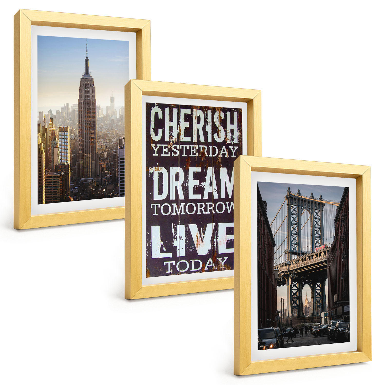 BILDER SET 3er Set - 20x30 cm Goldrahmen - Zitat über New Yorker Landschaften - Goldfarben, Kunststoff (20/30cm) - TULUP