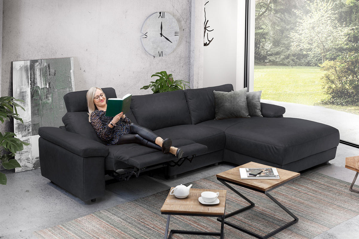 ECKSOFA XL MOTOR. RELAXFUNKTION LOLA Schwarz Webstoff - Schwarz, Textil (304/178cm) - KAWOLA