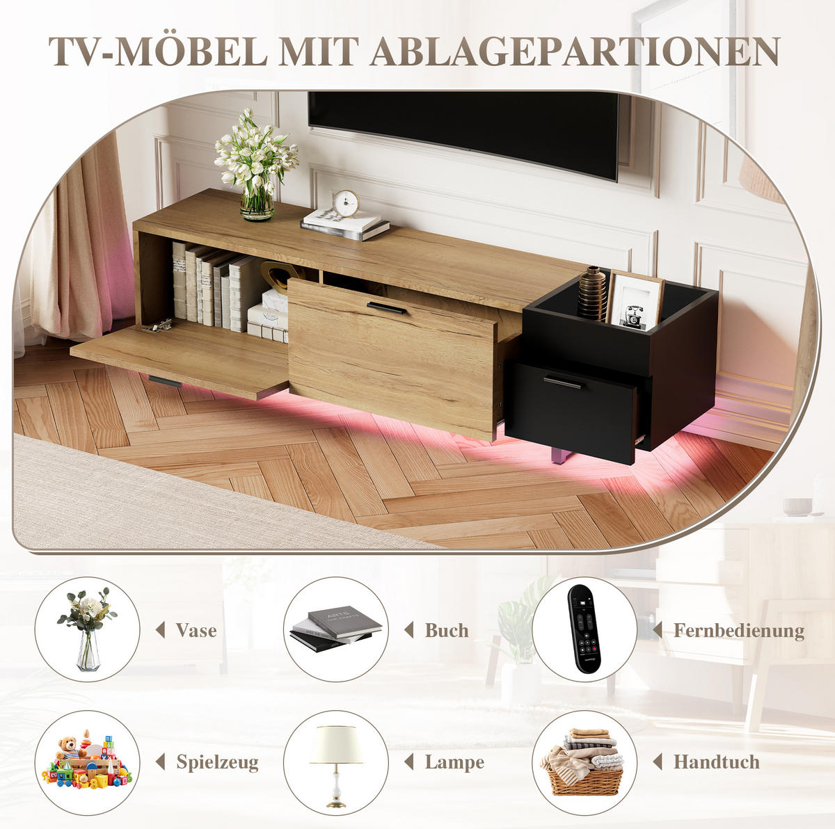 LOWBOARD 180/38/49 cm aus Holzwerkstoff mit LED-Beleuchtung Schwarz/Naturfarben - Schwarz, Holzwerkstoff (180/49/38cm) - Modenvie