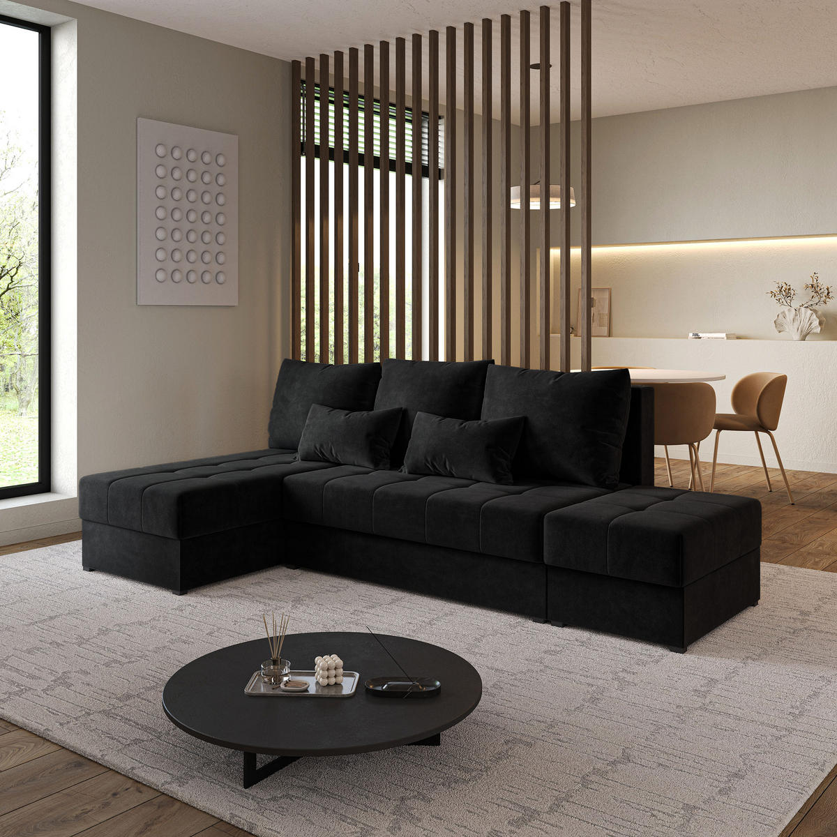 ECKSOFA NORVI Schwarz Plüsch-Stoff mit Schlaffunktion - Schwarz, Holz (251/143cm) - MASSENO