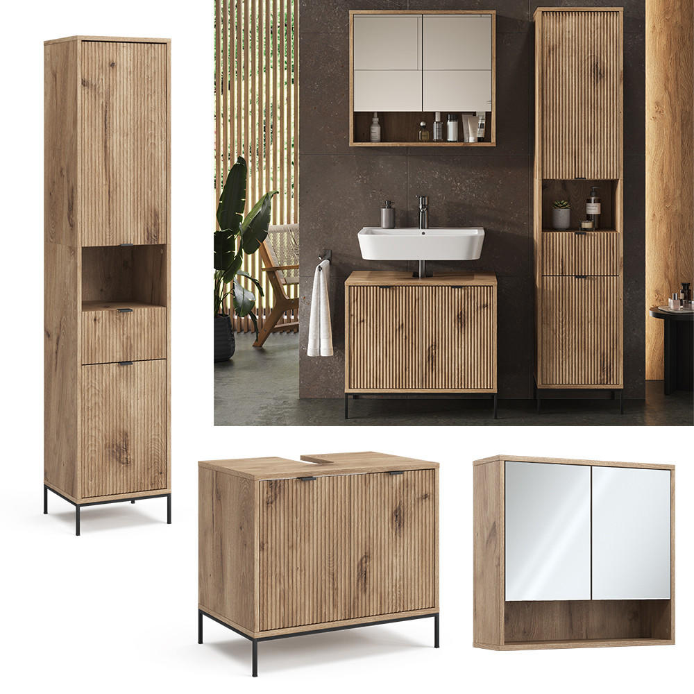 BADMÖBEL-SET Eliza Viking Oak 3 Teile, mit Hochschrank - Eiche Wotan, Holzwerkstoff (70/63/45cm) - Vicco