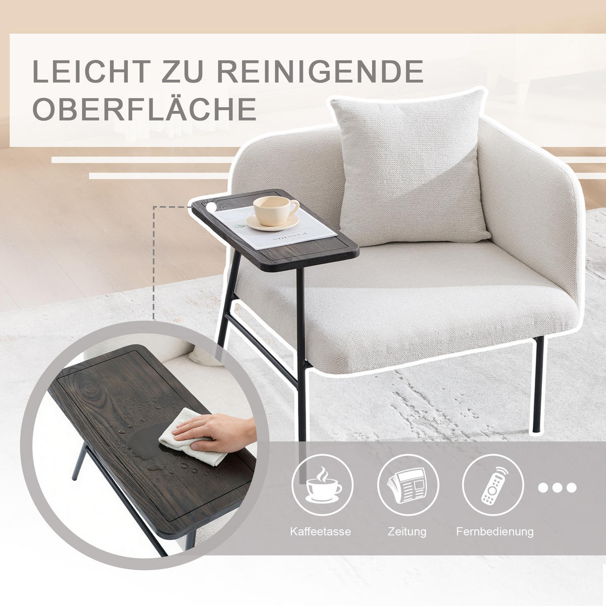 SESSEL Chenille Beige mit Beistelltisch und Seitentaschen - Beige, Textil/Metall (86/71/72cm) - WISHDOR