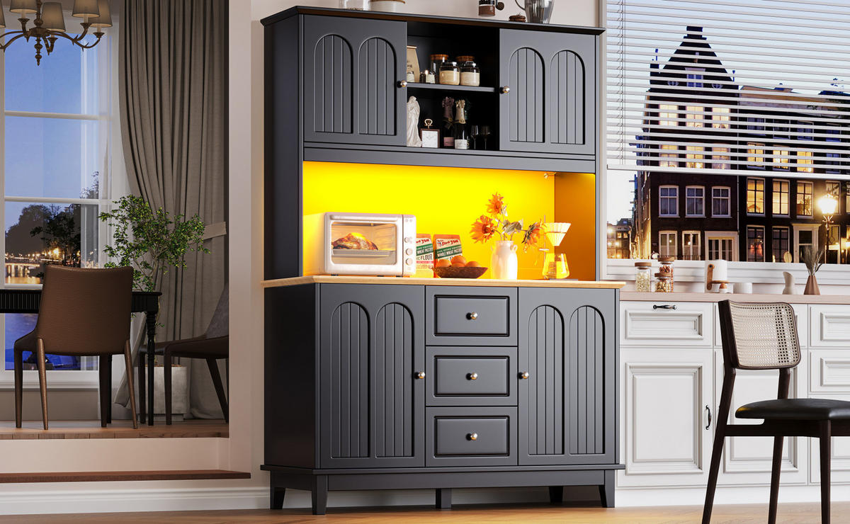 HOCHSCHRANK aus MDF in Holzoptik mit App-LED, 4 Türen und 3 Schubladen, 120/40/180 cm, Holzoptik，Schwarz - Schwarz, Holzwerkstoff (120/180/40cm) - Redom
