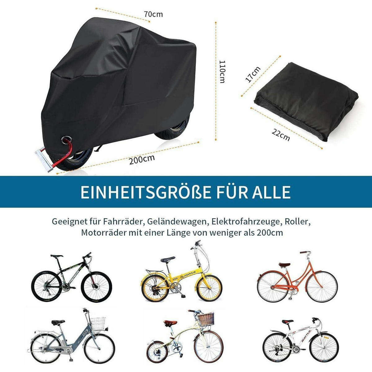 FAHRRADABDECKUNG Wasserdicht 200 x 70 x 110 cm Schwarz - Schwarz, Textil (70/110/200cm)