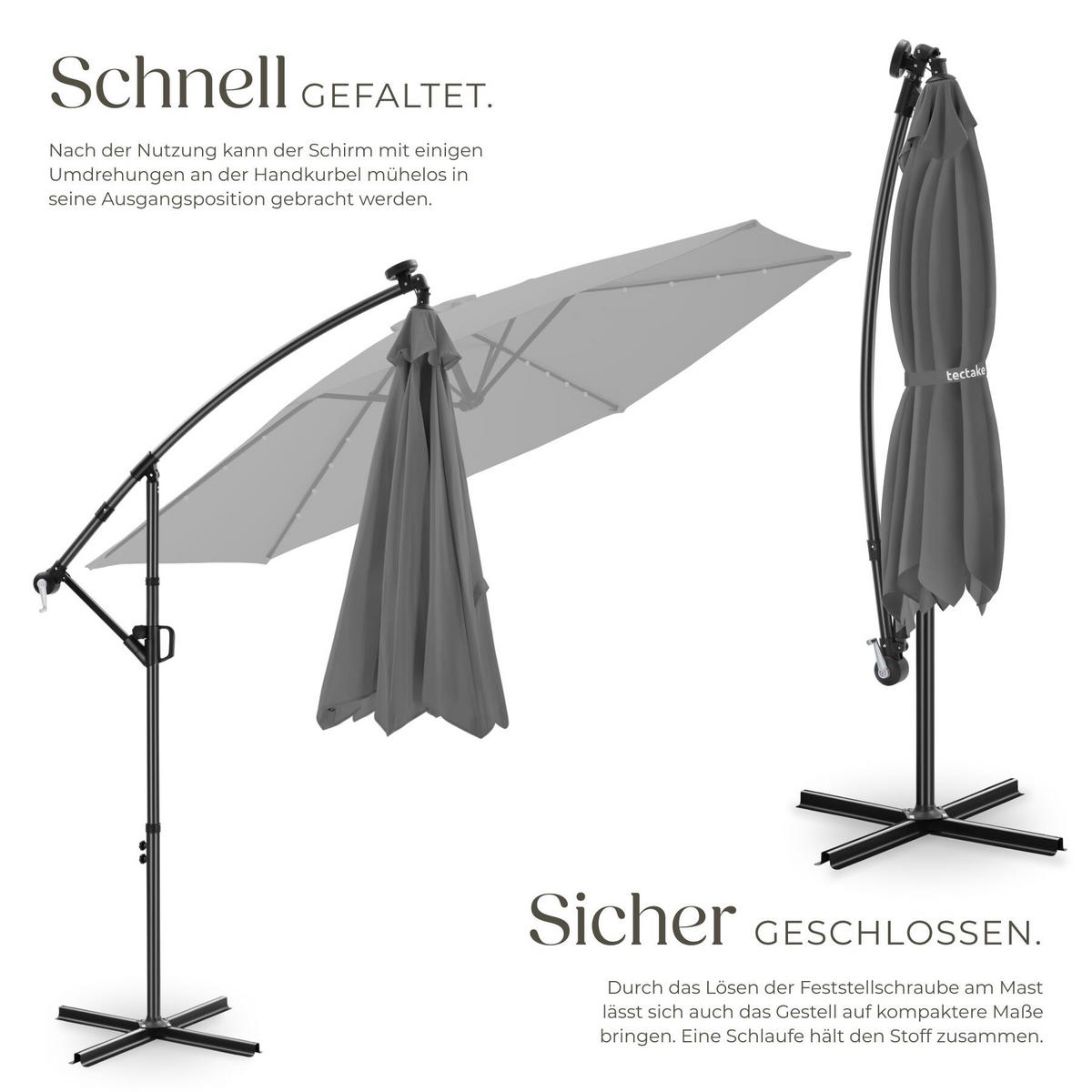 AMPELSCHIRM Artemis, mit LED Solar-Beleuchtung, inkl. Schutzhülle, grau - Grau, Metall (300/291cm) - tectake