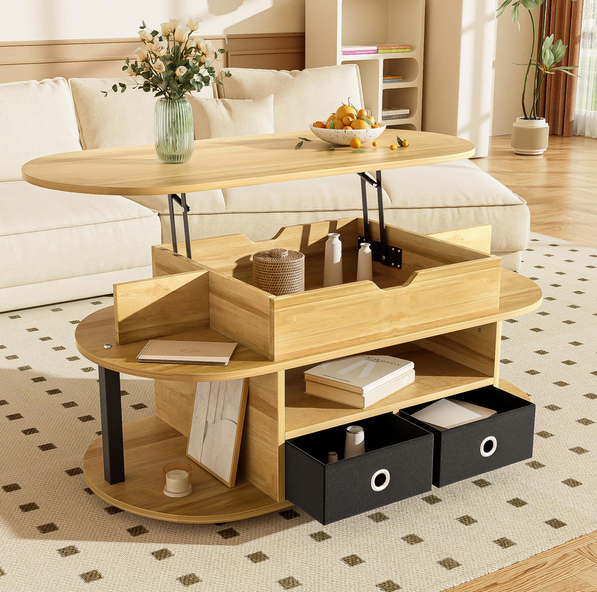COUCHTISCH aus Spanplatte 105x50x45/60 cm Holzfarbe Schwarz mit Hebefunktion und Stoffschubladen - Naturfarben, Holzwerkstoff (105/50/60cm) - IVMEU