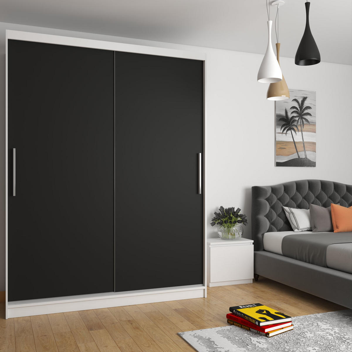 SCHWEBETÜRENSCHRANK Verona SI, Weiß/Schwarz Matt, 158 cm - Schwarz, Holz (158/216/60cm) - B BELINI GROUP