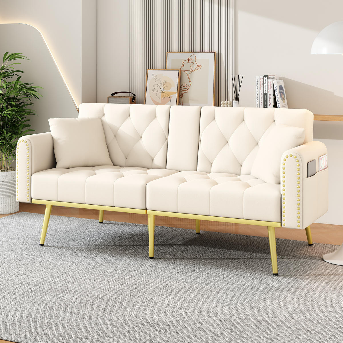 SCHLAFSOFA Samt mit verstellbarer Rückenlehne und Getränkehalter Beige 175/80/73,5 cm - Beige, Textil (73.5/175/80cm) - Redom