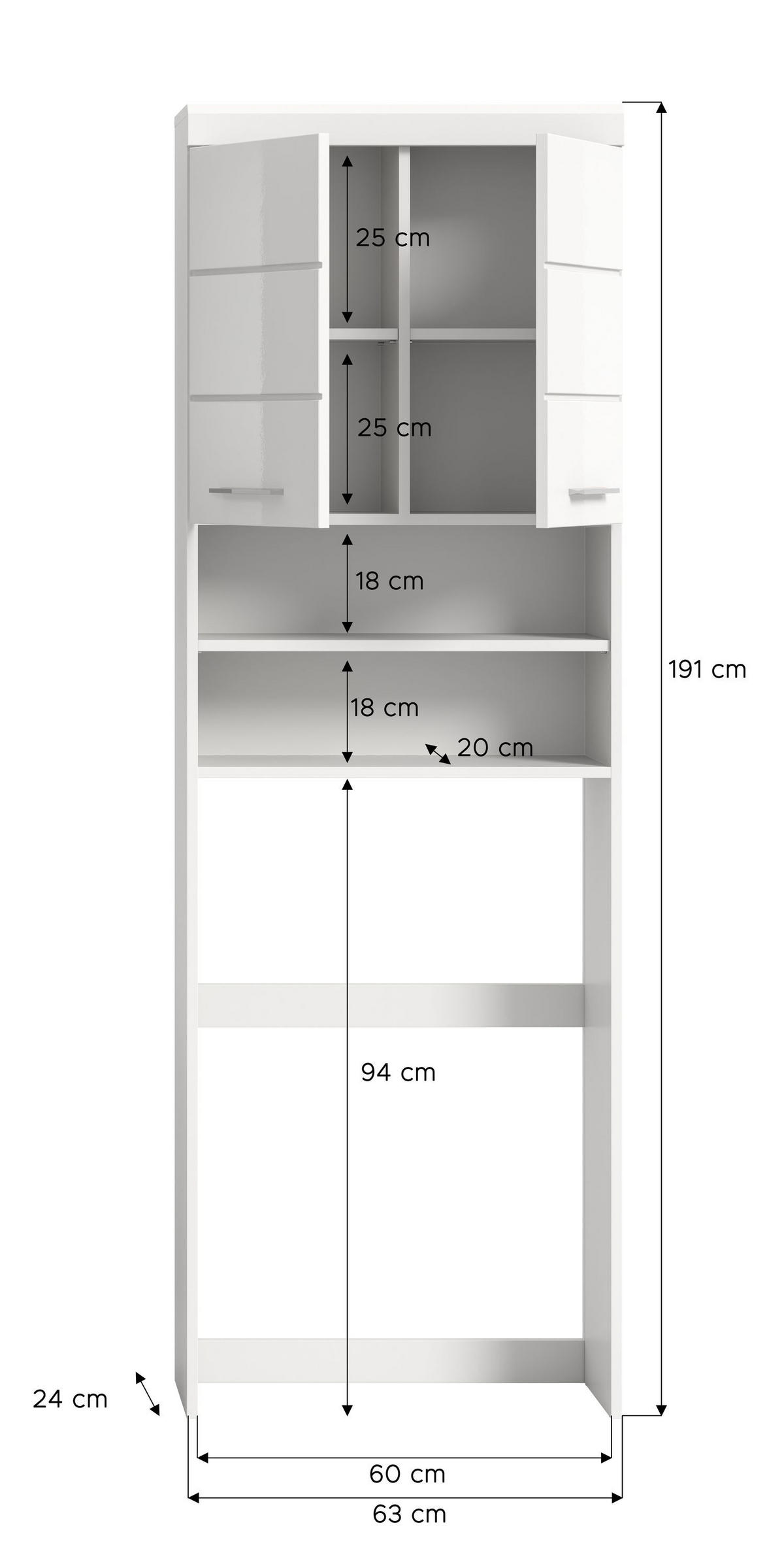 WASCHMASCHINENÜBERBAU Vento Bad in weiß Nachbildung und weiß hochglanz B/H/T: 63x191x24 cm - Weiß, Holz (63/191/24cm)