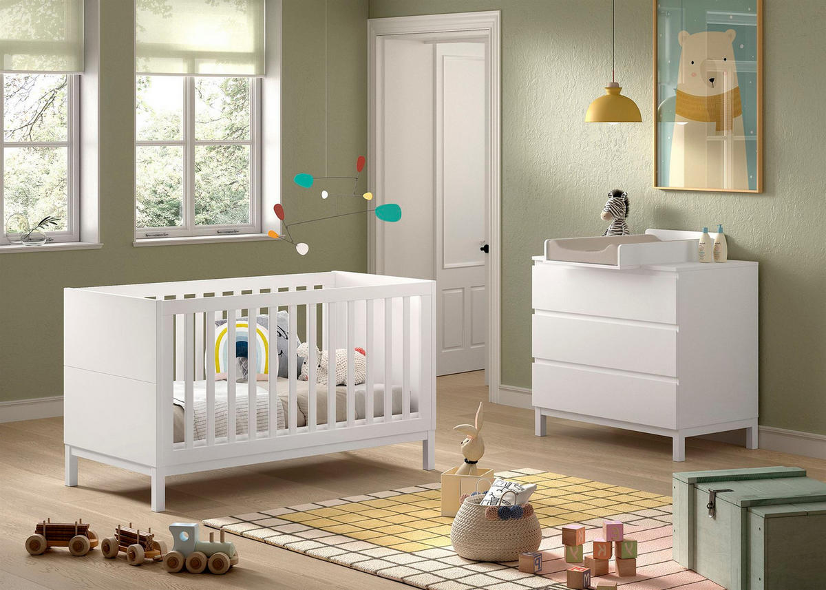 BABYZIMMER SET Keely Kiefer & MDF weiß Baby-/Juniorbett Wickelkommode - Weiß, Holz (74/85/145cm) - 58aufmkessel
