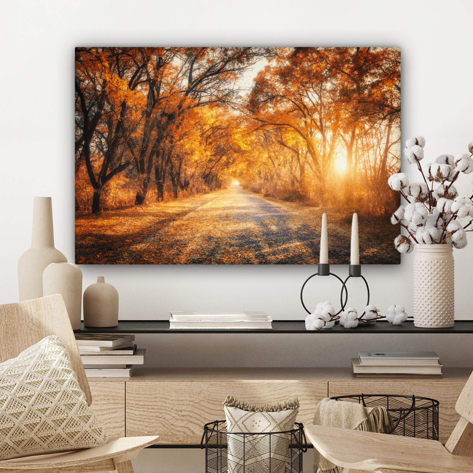 LEINWANDBILD Wald - Herbst - Bäume - Waldweg - Natur Wanddeko 90x60 cm - Bernsteinfarben, Textil (90/60cm) - MuchoWow