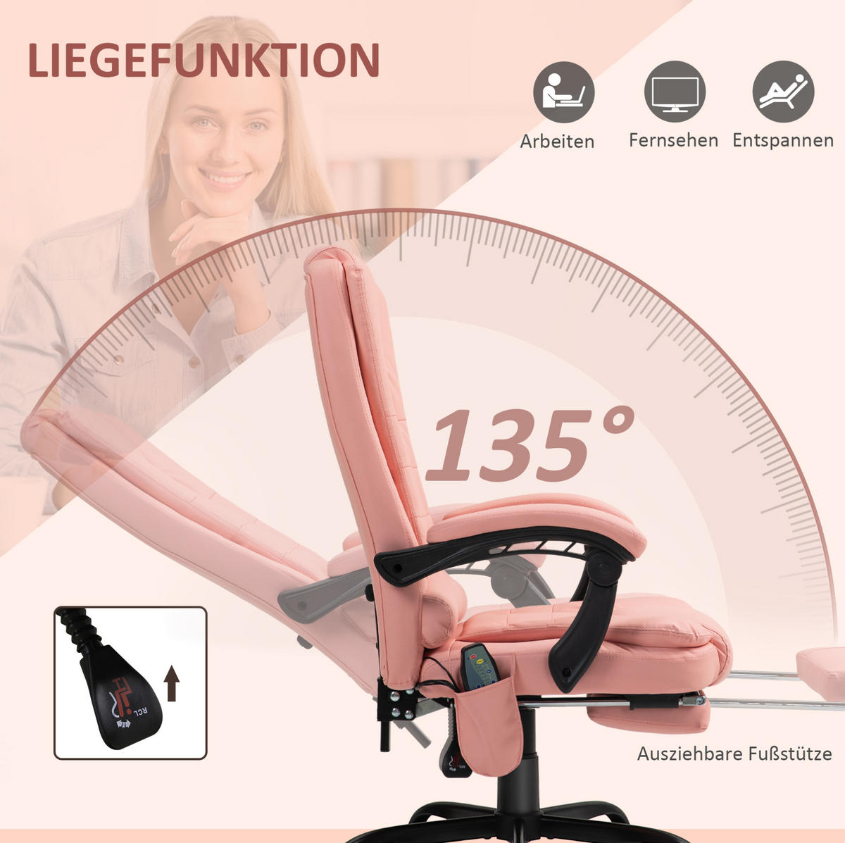 PISARNIŠKI stol 67/67/111-121 cm z 7-točkovno vibracijsko masažo, nastavljivim naslonom in izvlečnim naslonom za noge, Roza - pink, umetna masa (67/121/67cm) - Redom