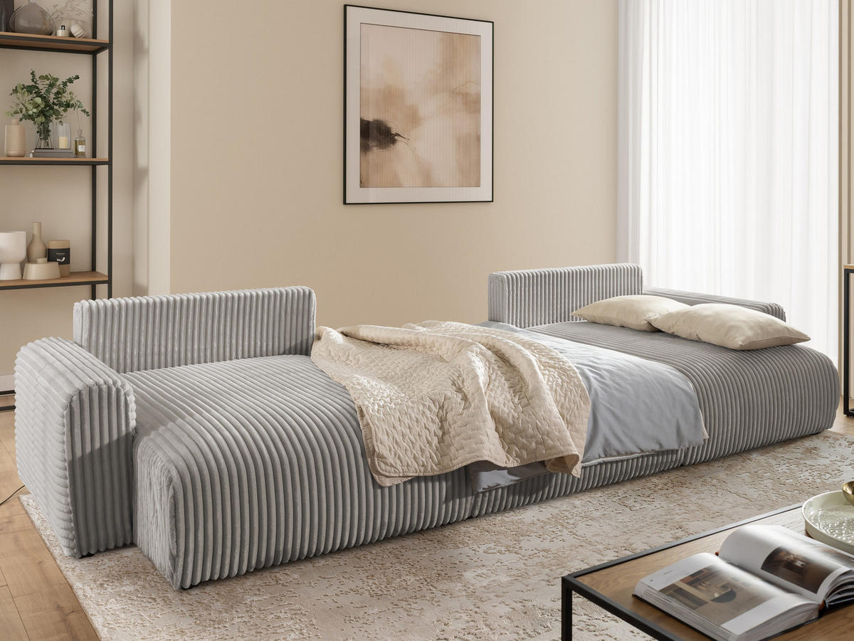 WOHNLANDSCHAFT Calma mit Schlaffunktion und Bettkasten im Bumpy-Design aus weichem Taupe Plüschcord - Taupe/Beige, Holz/Textil (336/88/140cm) - S-Style