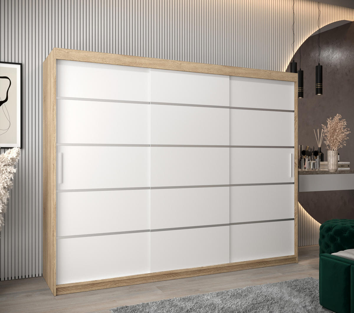 SCHWEBETÜRENSCHRANK 200/250/62 3-türig - Silberfarben/Weiß, Holz/Kunststoff (250/200/62cm) - Abiks Möbel