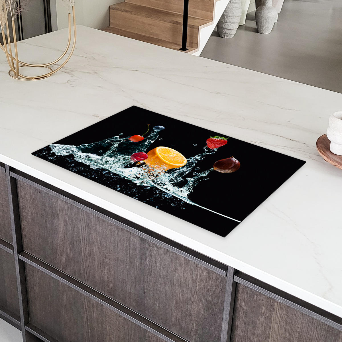 HERDABDECKPLATTE Wasser - Obst - Orange - Erdbeere - Kirsche - Schwarz 85x52 cm - Orange, Kunststoff (85/0.2/52cm) - MuchoWow