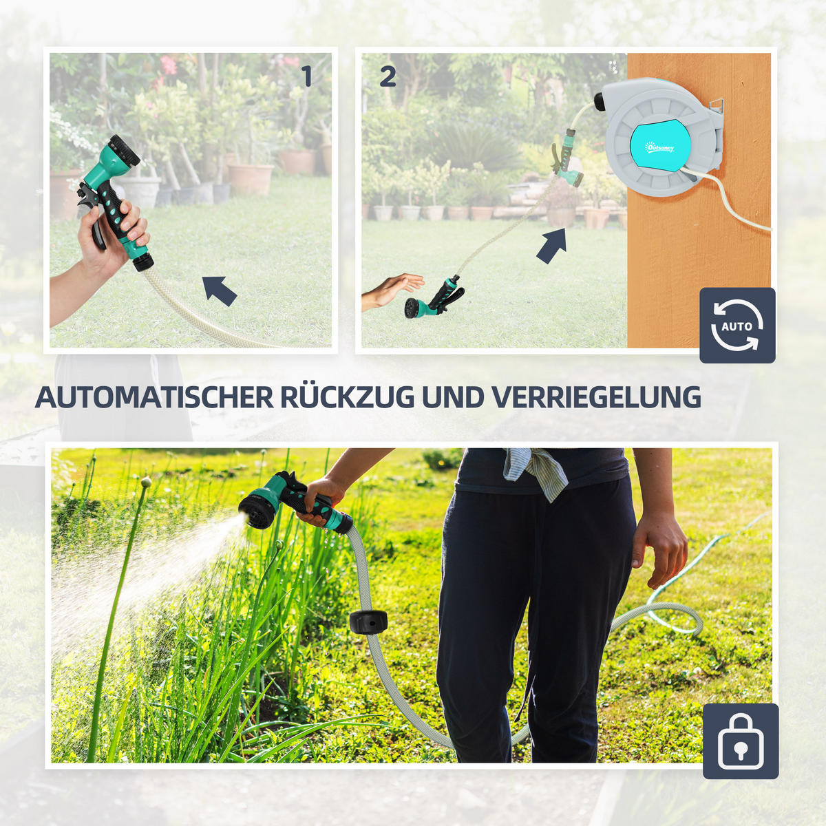 SCHLAUCHTROMMEL mit Gartenschlauch 20m - Grau, Kunststoff (21/41.5/55cm) - Outsunny
