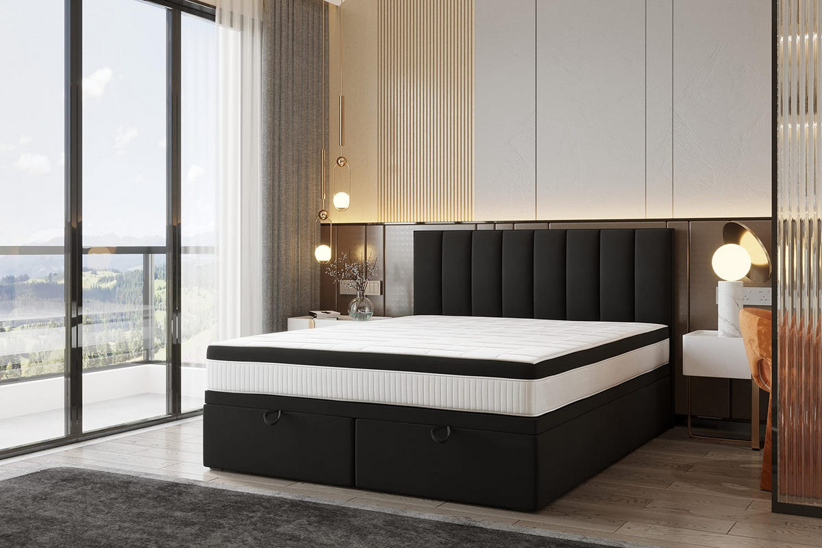 BOXSPRINGBETT BOND - Bett mit Matratze und Bettkasten - mit gestepptes Kopfteil - Schwarz - 160x200 cm - Schwarz, Textil (160/200cm) - Trada