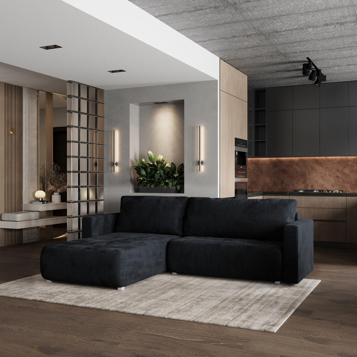 ROHOVÁ SEDAČKA TURIN černá - šedá/černá, dřevo/textil (265/183cm) - MASSENO