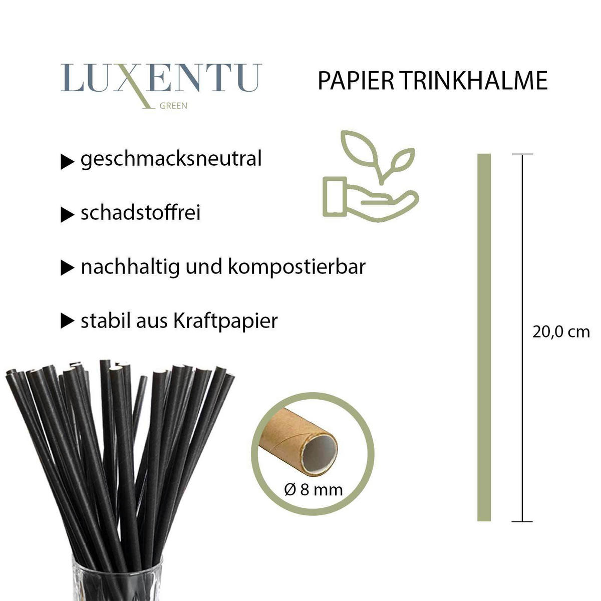 PAPIER-TRINKHALME Jumbo Schwarz 20 cm 100er Set - Schwarz, Papier (0.8/25cm) - LUXENTU
