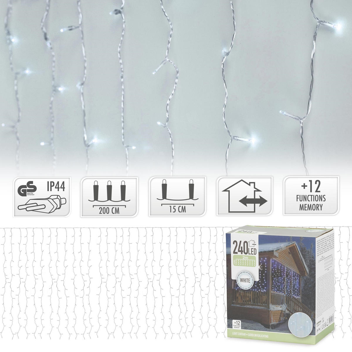 LICHTERKETTE Vorhang 200 cm mit 240 LED Kaltweiß - Weiß, Kunststoff (200cm) - ECD-Germany