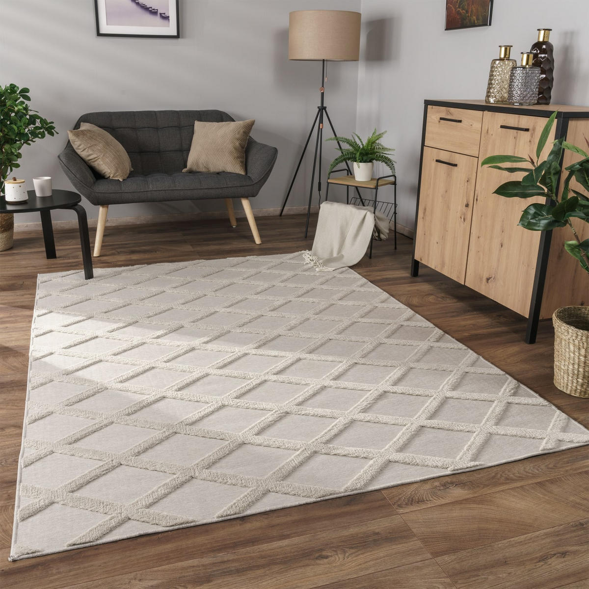 KURZFLORTEPPICH Waschbar, mit Rautenmuster, Creme, 200 x 280 cm - Beige, Textil (280/200cm) - KADIMA DESIGN