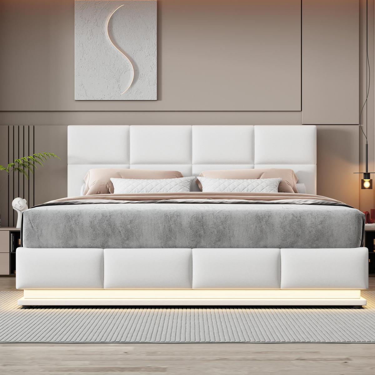 POLSTERBETT mit LED-Beleuchtung 180/200 cm mit Bettkasten & höhenverstellbarem Kopfteil - Weiß, Textil (180/200cm) - BEAOK