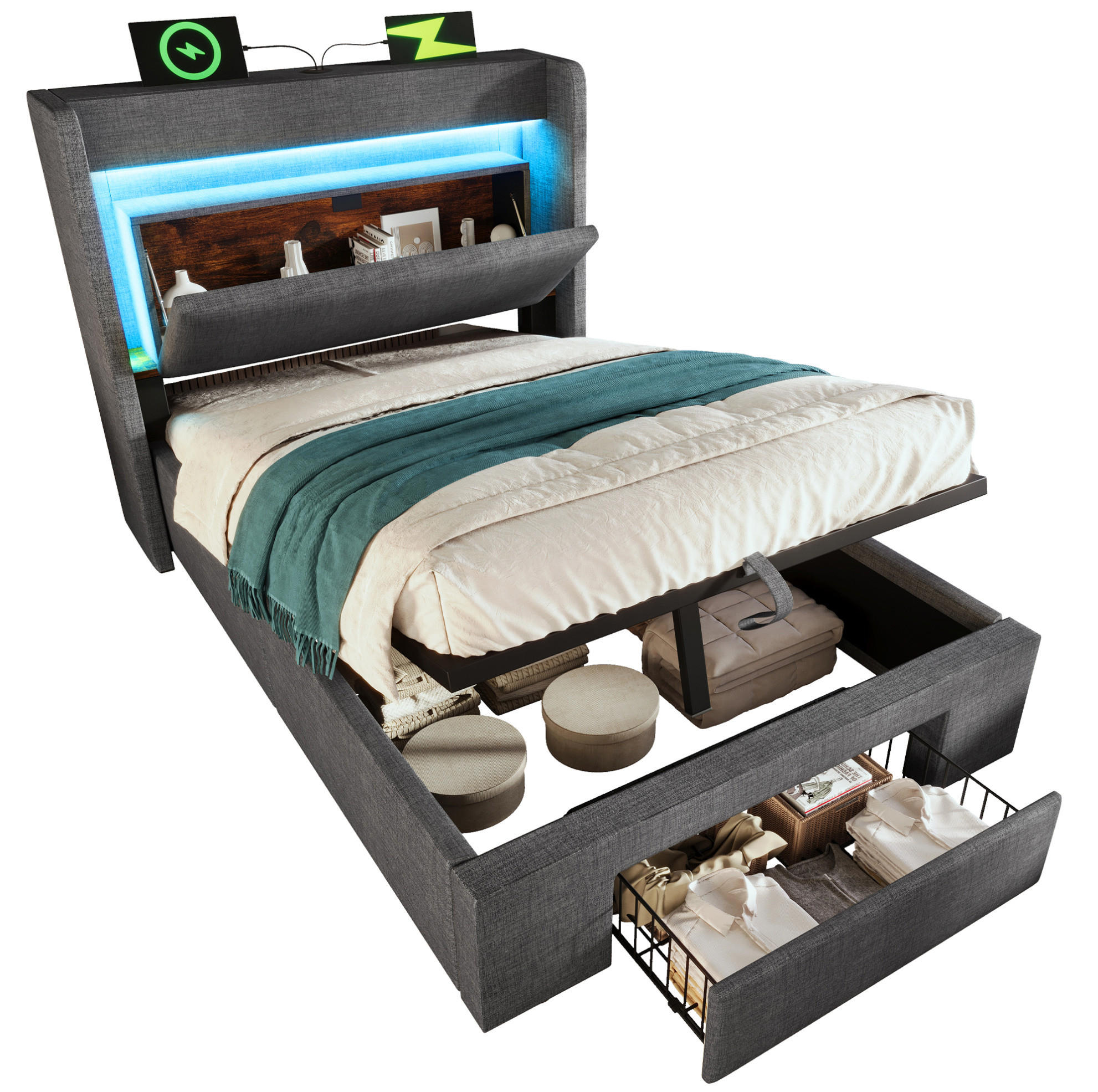 POLSTERBETT 90/200 cm grau aus Leinen mit LED, Stauraum und USB-C - Grau, Textil (90/200cm) - OKWISH