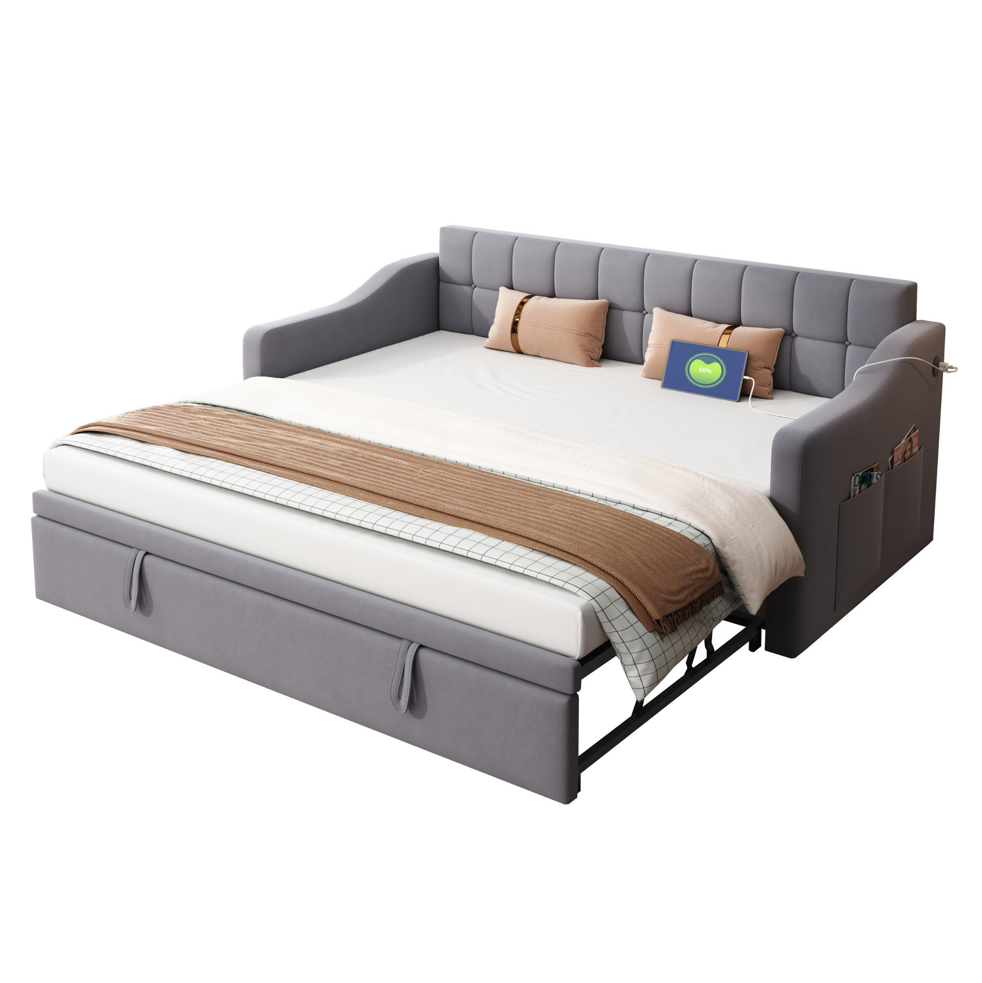 POLSTERBETT 90/190 cm ausziehbar auf 180 cm mit USB-Anschlüssen und Samtbezug, Grau - Grau, Textil (90/190cm) - Redom