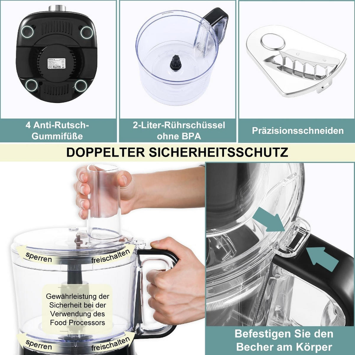 KÜCHENMASCHINE 6-in-1 , MULTIFUNKTIONAL, mit Zerkleinerer und Knethaken, Kunststoff und Edelstahl, für die Küche, 2 l - Silberfarben, Metall (26/28.3/39.52cm) - Rolipo