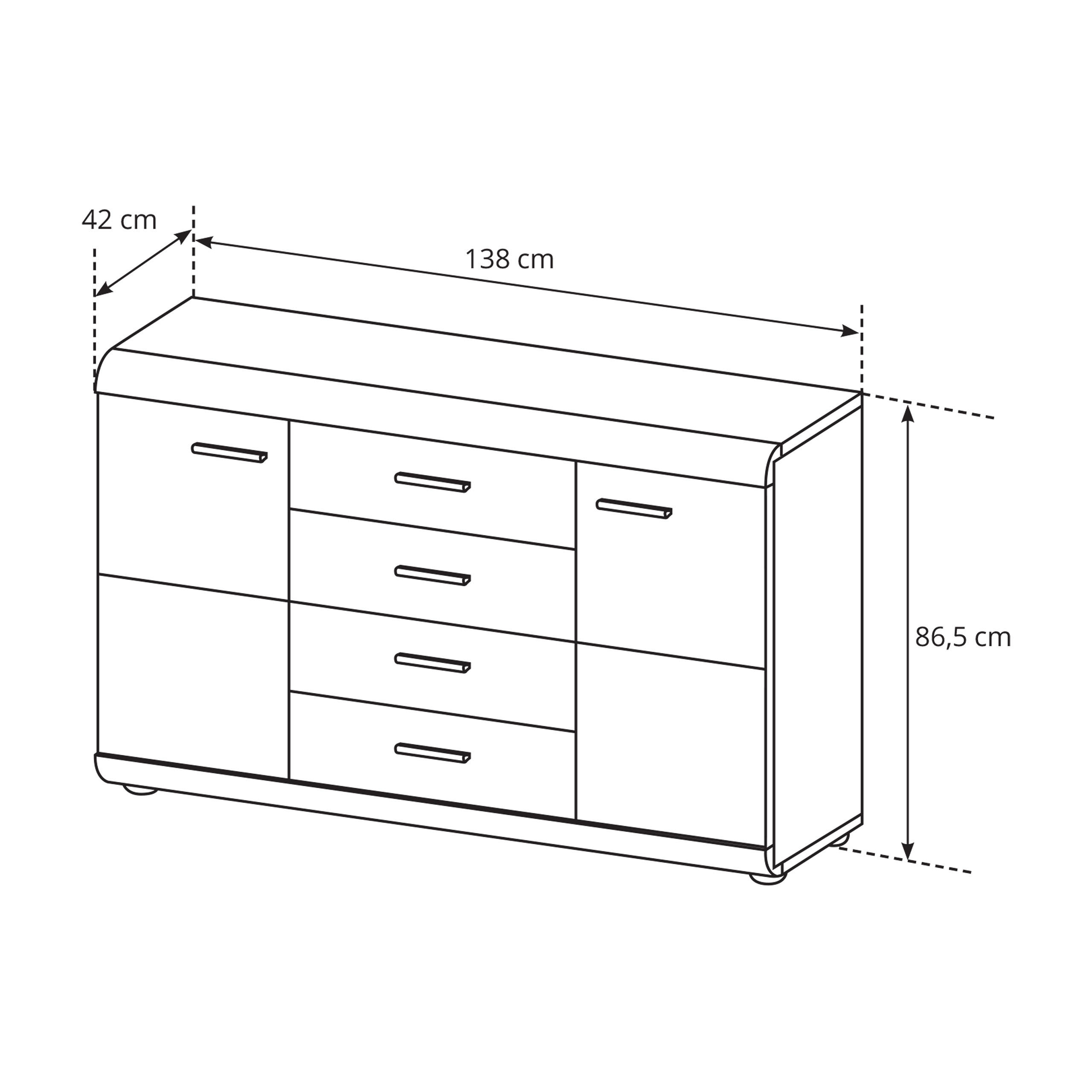 SIDEBOARD LEGAME 140/87/42 cm mit 4 Schubladen und 2 Türen Sonoma Eiche - Sonoma Eiche, Holzwerkstoff (140/87/42cm) - MASSENO