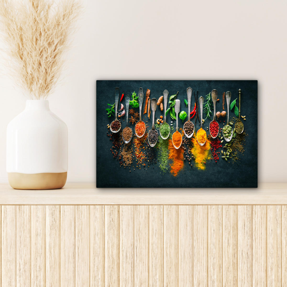 LEINWANDBILD Kräuter - Gewürze - Löffel Deko Schlafzimmer 30x20 cm - Currygelb, Textil (30/20cm) - MuchoWow