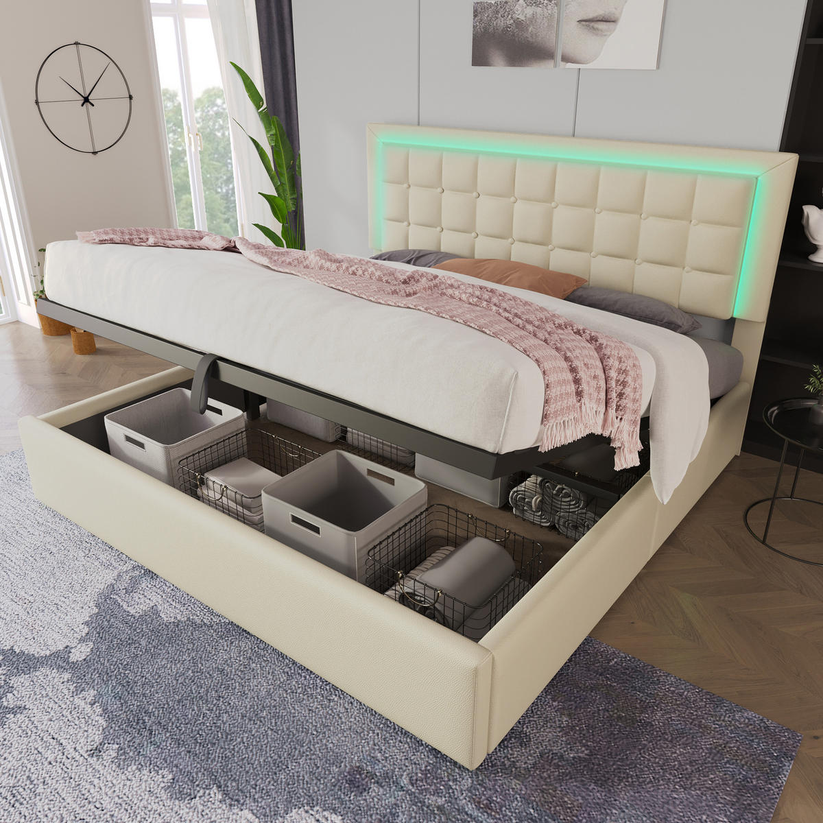 STAURAUMBETT 180/200 cm DE-00332, in Weiß, Hydraulische Stützstangen - Weiß, Metall (180/200cm) - ComfortXL