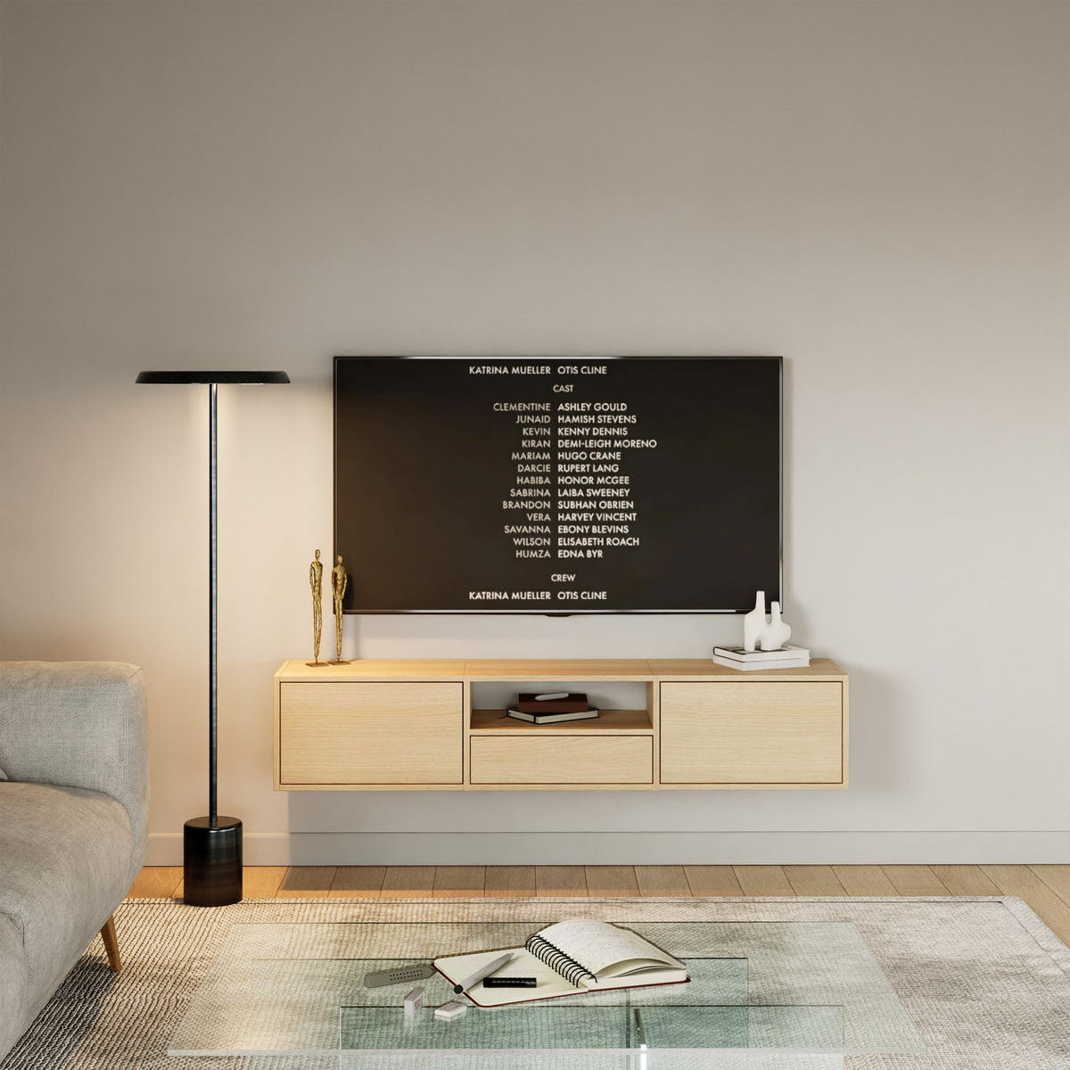 TV-LOWBOARD hängend, 3 Klappen und Ablage, Eiche, 150 cm - Beige, Holzwerkstoff (150.1/30/30cm) - Selsey