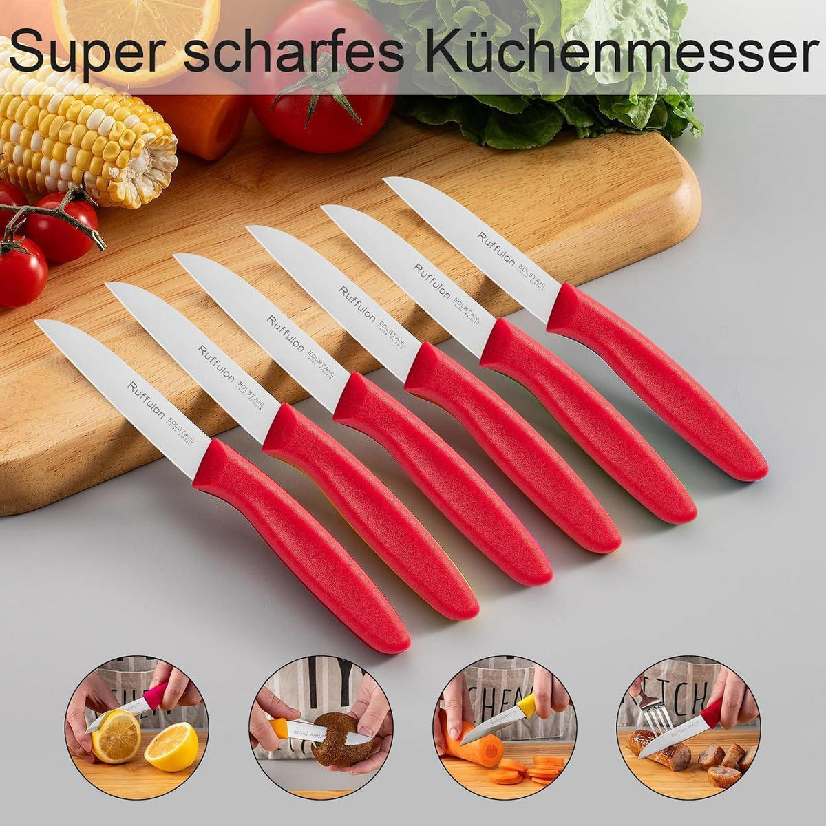 KÜCHENMESSER 6-teiliges Set Rot Edelstahl Gerade Klinge 3'' - Rot, Metall (19cm)