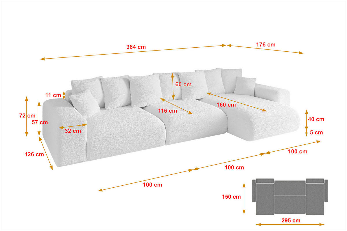 ECKSOFA Ottomane rechts ESKAR-L2 364x176x72 Weiß Bouclé - Schwarz/Weiß, Holzwerkstoff/Kunststoff (176/364cm) - ALTDECOR