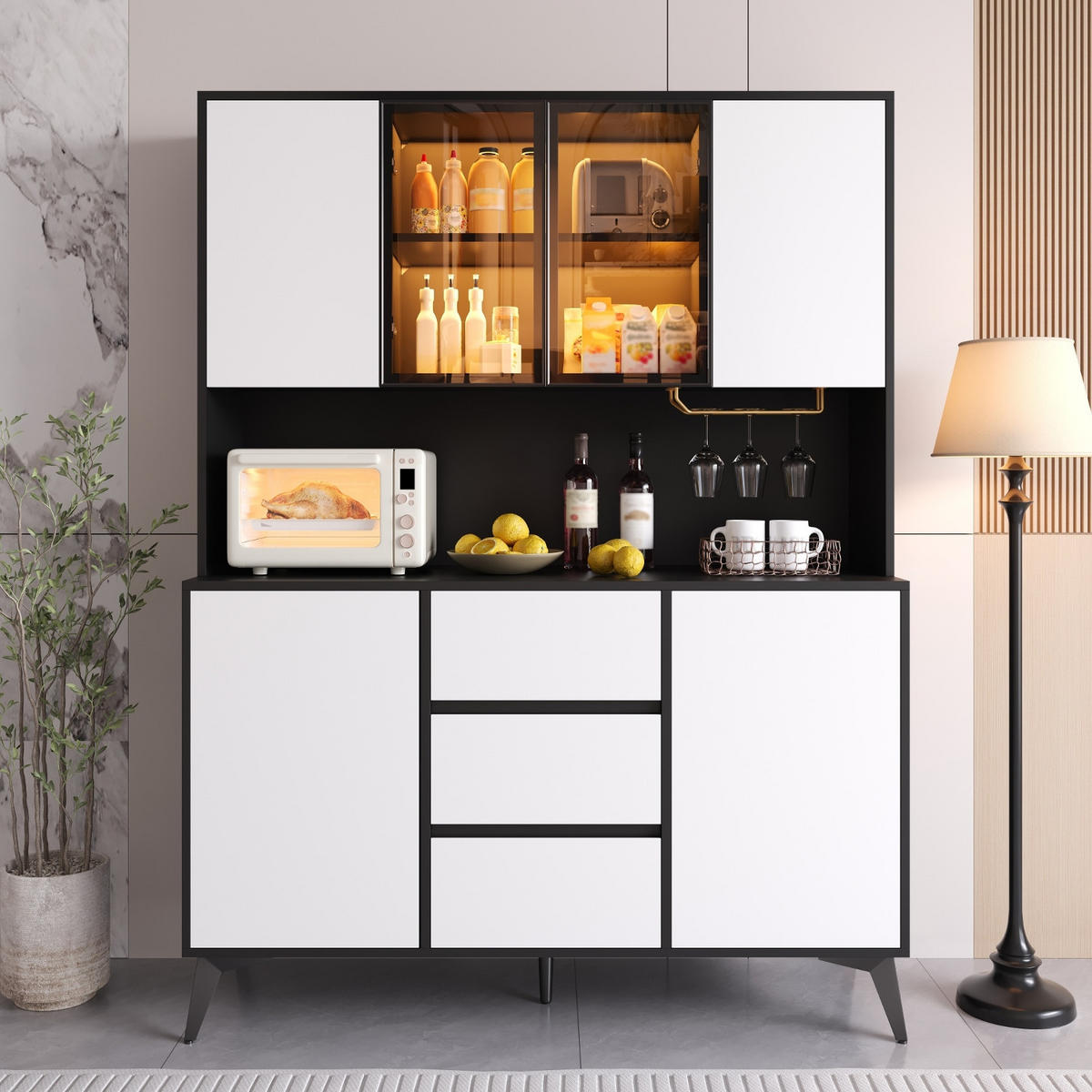 KÜCHENSCHRANK, 120/160/40 cm, MDF, Schwarz-Weiß, APP-GESTEUERTE LED-BELEUCHTUNG, für Esszimmer - Schwarz, Holzwerkstoff (40/160/120cm) - Rolipo