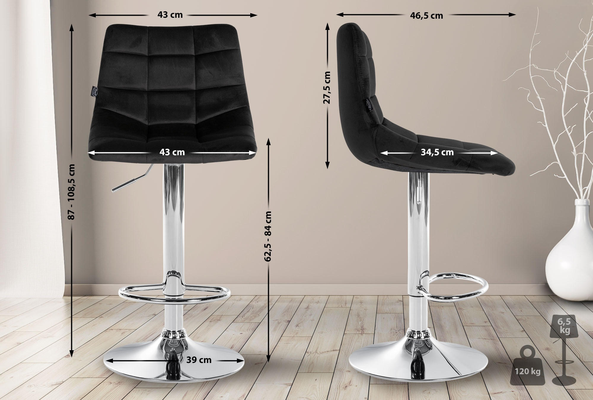 BARHOCKER 2er-Set DUBAI Schwarz Samt Chrom - Schwarz, Textil/Metall (43/87/46.5cm) - DELUKE