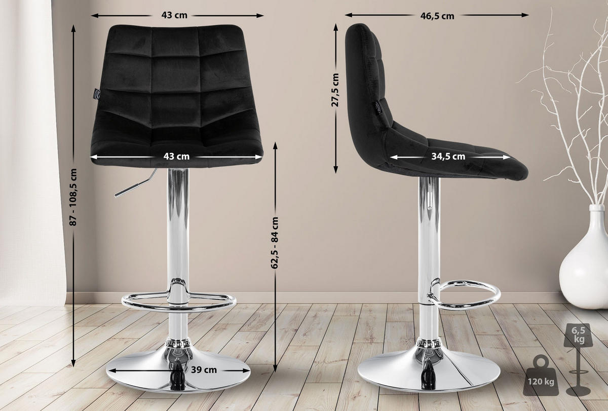 BARHOCKER Samt schwarz - Chromfarben/Schwarz, Textil/Metall (43/87/46.5cm) - CLP