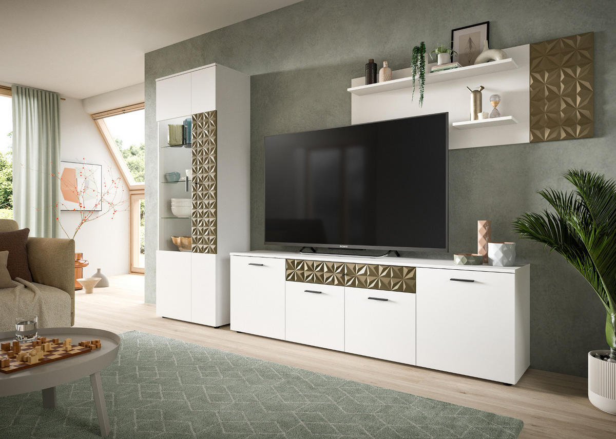 VITRINE weiß, Gold 70 cm, VITRINENSCHRANK mit 9 Fächern - Goldfarben/Schwarz, Glas/Holzwerkstoff (70/195/37cm) - Inn.Furn