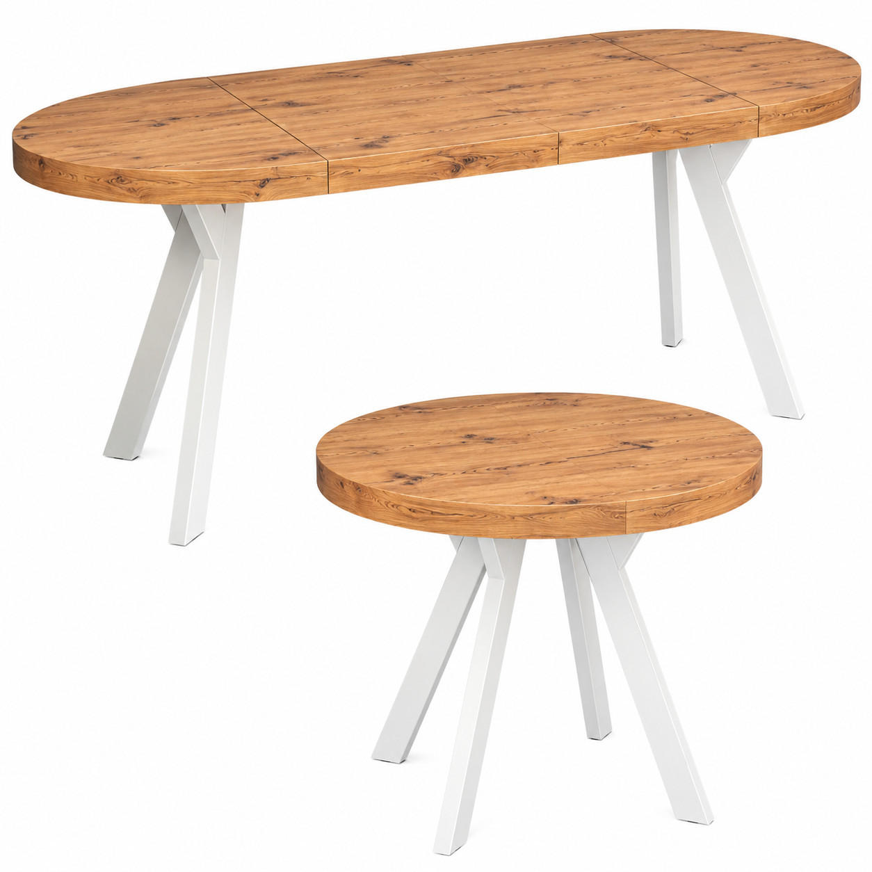 ESSTISCH rund ausziehbar 90/190/76 cm, Eiche Craft, 54 cm Tischplatte + Y Metallgestell Weiß - Eichefarben/Weiß, Holzwerkstoff/Metall (90/190/76cm) - Damale Möbel