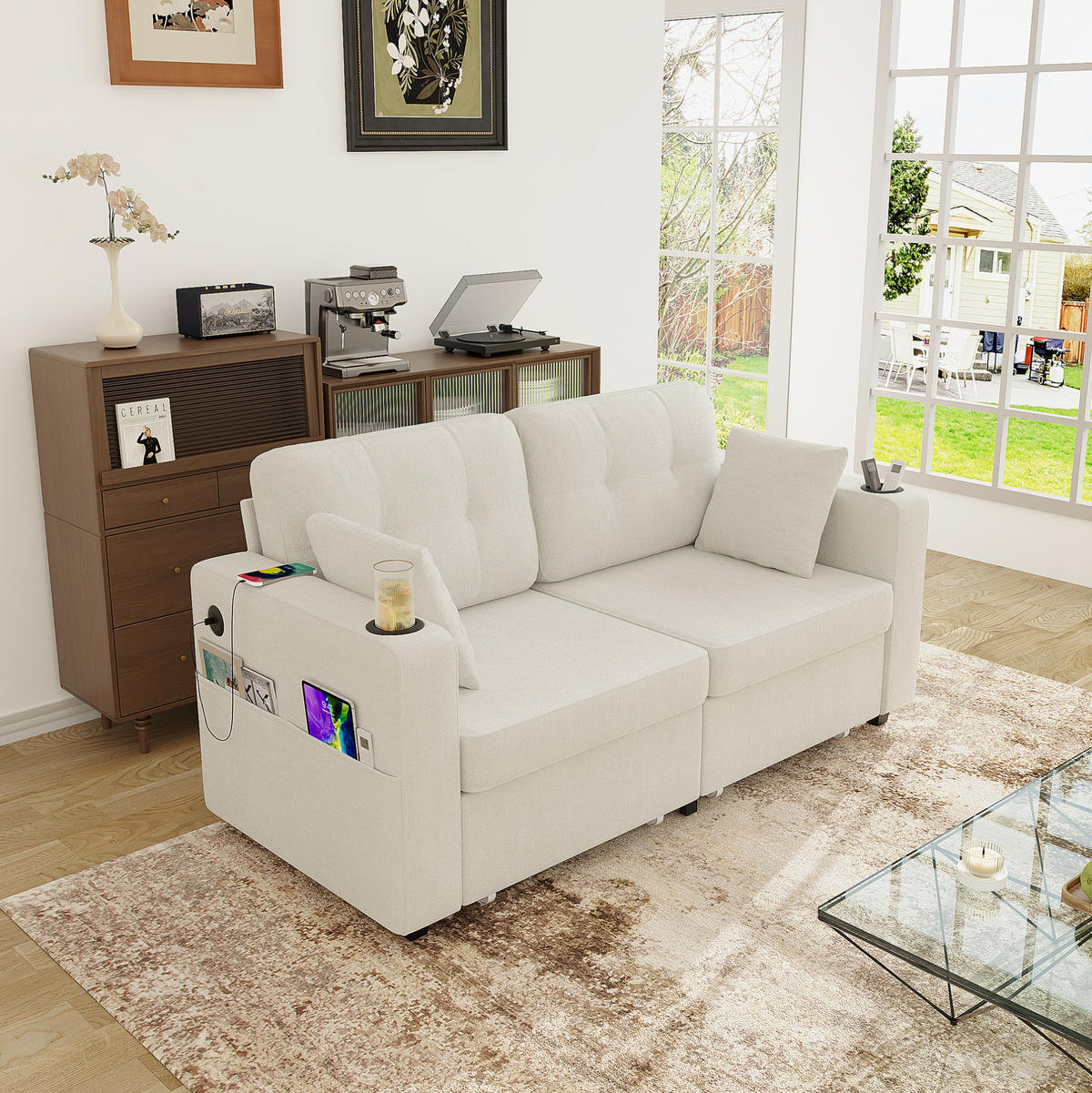 SOFA 2-Sitzer mit Stauraumschubladen USB Chenille Beige - Beige, Holzwerkstoff (172/82/75cm) - Meubliv