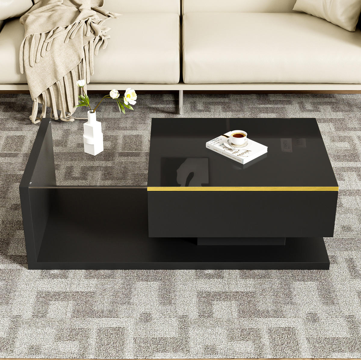 COUCHTISCH 100/50/32,5 cm mit Glasplatte, LED-Beleuchtung und Stauraum, Schwarz - Schwarz, Holzwerkstoff (100/50/32.5cm) - Redom
