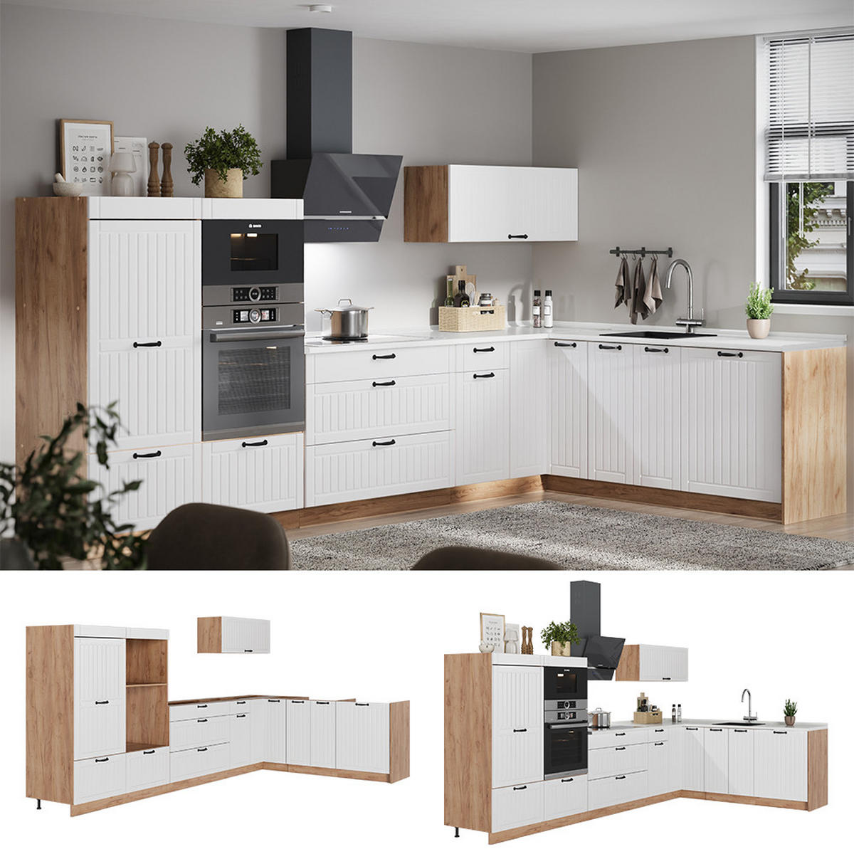 ROHOVÁ KUCHYŇA Fame-Line, Biely vidiecky dom/Dub Goldkraft, 347 x 207 cm, AP Marble - biela/dub medový, kompozitné drevo (347/153.6/60cm) - Vicco