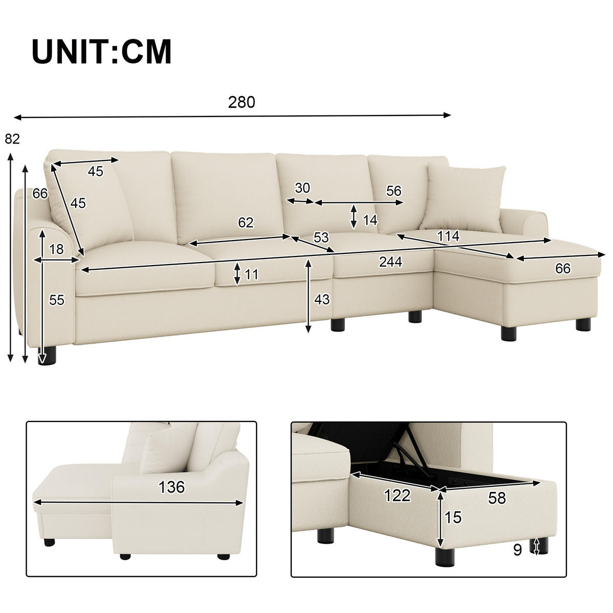 ECKSOFA L Form 3-Sitzer Chenille Stauraum Getränkehalter Beige 280cm - Beige, Textil (280/136cm) - FLIEKS