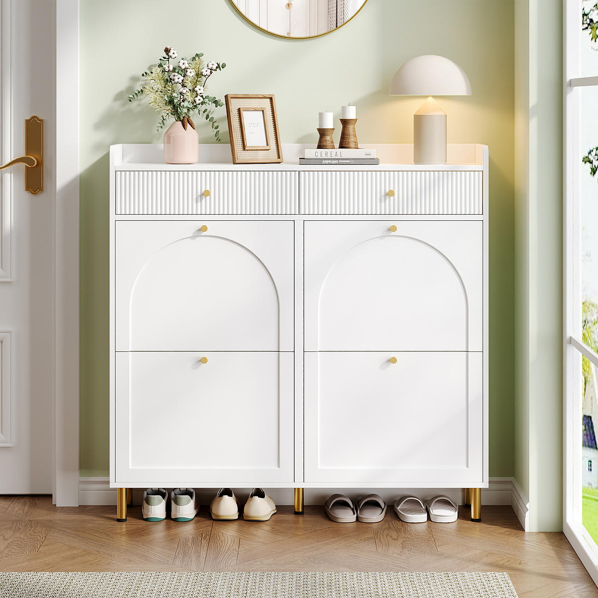 SCHUHSCHRANK schmal 4 Türen Weiß 106.5x25x105.5cm - Weiß, Holzwerkstoff (25/105.5/106.5cm) - FLIEKS