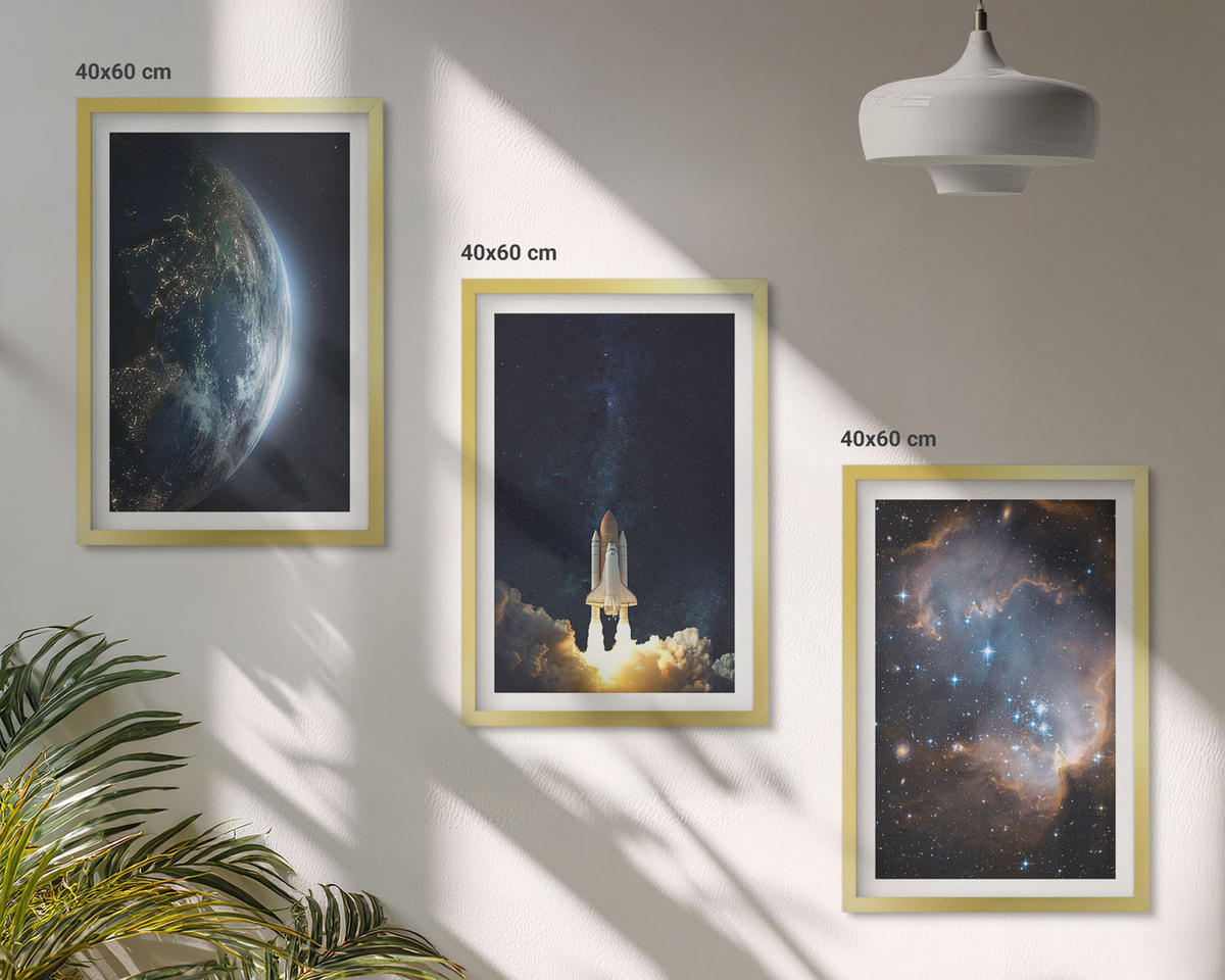 BILDER SET 3er Set - 40x60 cm Goldrahmen - Weltraum Erde Rakete Galaxie - Goldfarben, Kunststoff (40/60cm) - TULUP