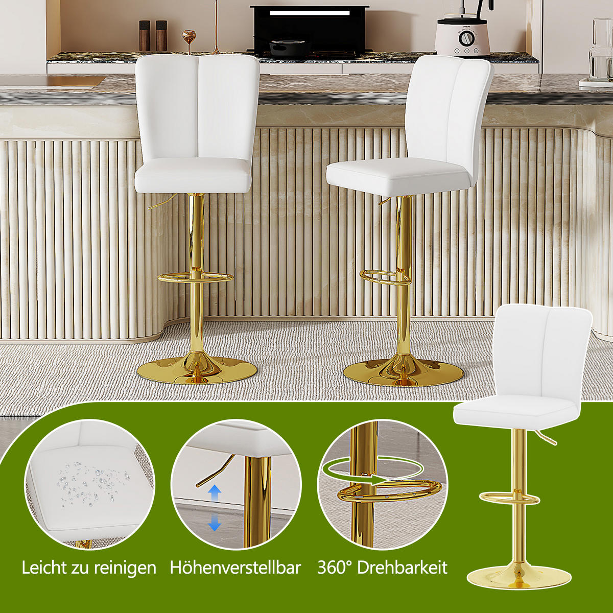 BARHOCKER 2er-Set Weiß-Gold Höhenverstellbar Drehbar 360° mit Rückenlehne und PU-Leder - Weiß, Metall (44.5/95.5/44cm) - PANGIVO