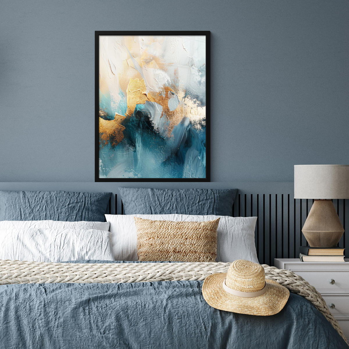 GERAHMTES BILD Abstrakt - Kunst - Gold - Blau 60x80 cm - Petrol, Papier (60/80cm) - MuchoWow
