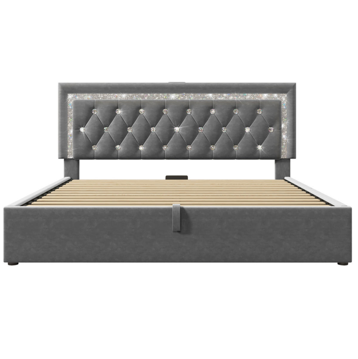 POLSTERBETT 160/200 cm Grau mit LED-Beleuchtung Stauraum USB- und Type-C-Anschlüssen mit Matratze - Grau, Textil (160/200cm) - OKWISH