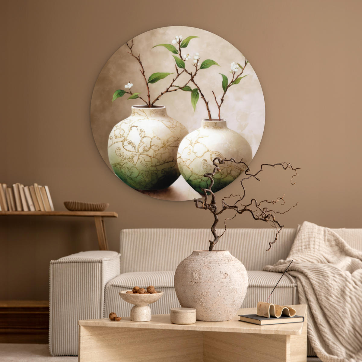 WANDBILD Blumen - Vase - Weiß - Botanisch - Beige 90x90 cm - Ecru, Kunststoff (90/90cm) - MuchoWow